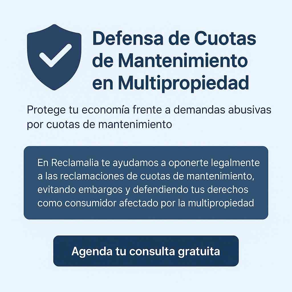Banner informativo de Reclamalia sobre defensa legal frente a demandas de cuotas de mantenimiento en multipropiedad, con botón de llamada a la acción para agendar consulta gratuita.
